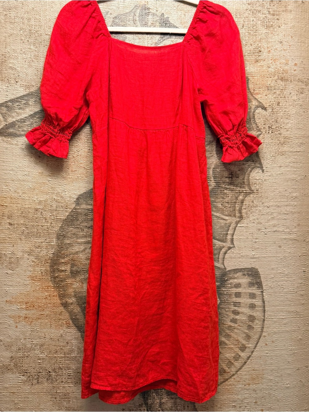 Valentina Naldi Made in Italy Red 100% Linen Smocked Puff Sleeve Dress Size S